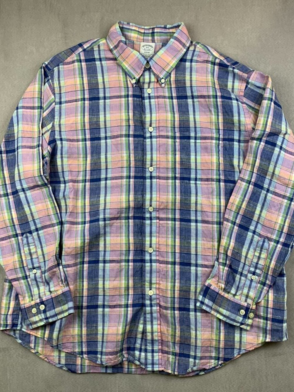 Brooks Brothers Mens Shirt 2XL Pink Blue Plaid Button Up Long Sleeve Irish Linen